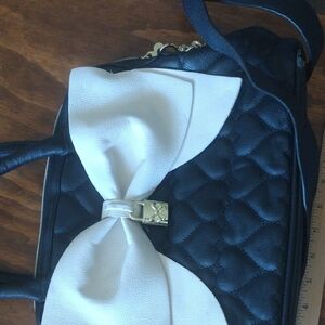 Betsey Johnson Black Quilted Satchel with White Bow and Gold Hardware